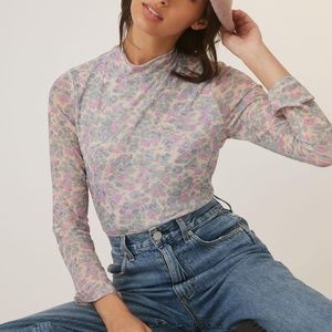 Anthropologie Mockneck Lavender Floral Sheer Gauzy Turtleneck XL NWT